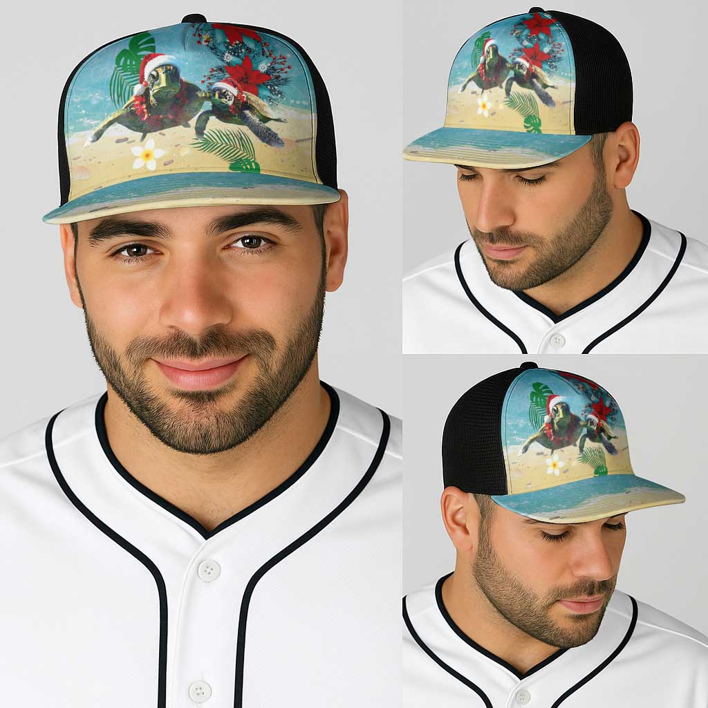 Hawaiian Mele Kalikimaka Baseball Net Cap Xmas Turtles and Tropical Plants with Red Poinsettia Watercolor Style - Polynesian Pride
