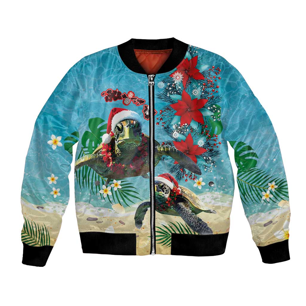 Hawaiian Mele Kalikimaka Bomber Jacket Tropical Xmas Turtles Red Poinsettia Watercolor - Polynesian Pride