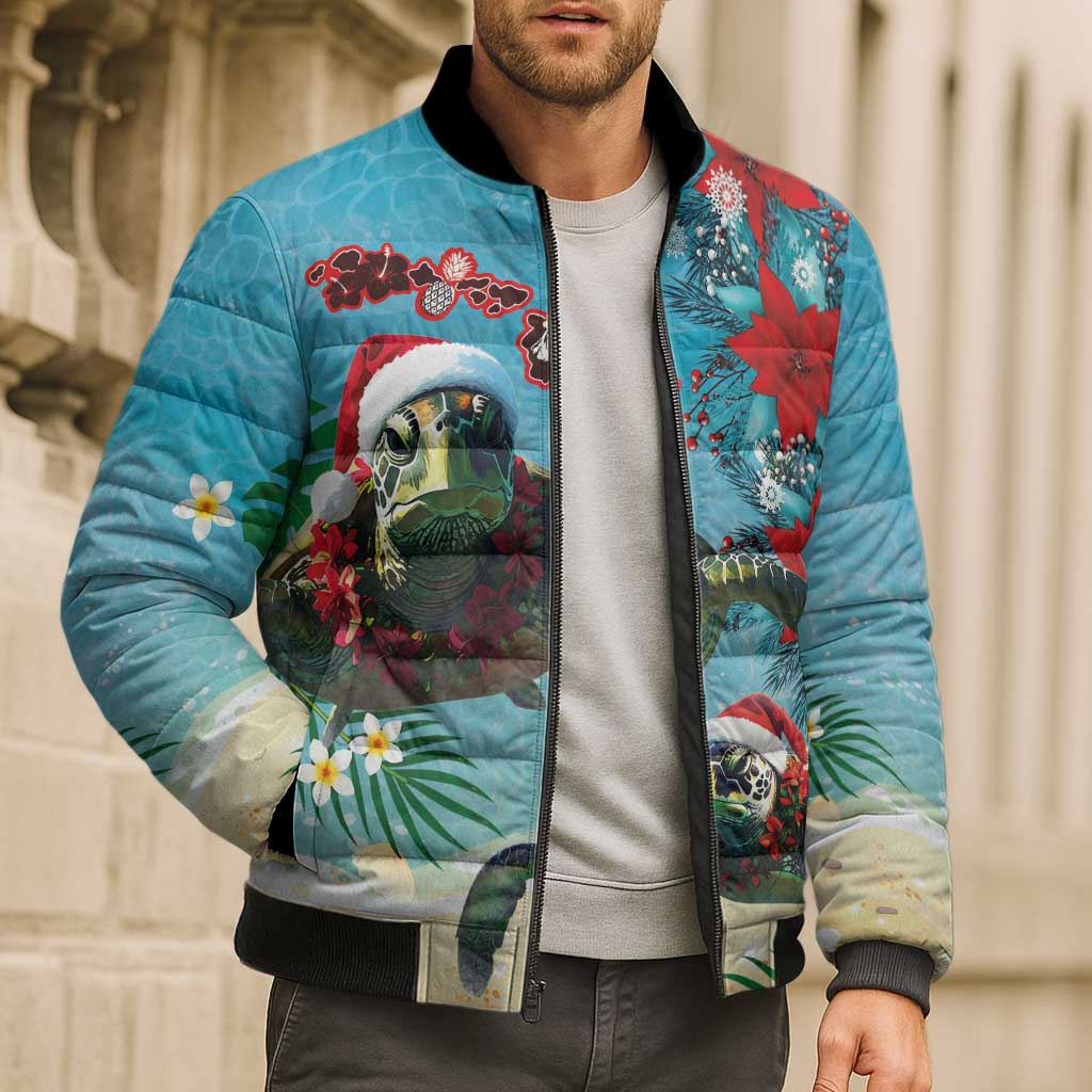 Hawaiian Mele Kalikimaka Bomber Puffer Jacket Tropical Xmas Turtles Red Poinsettia Watercolor - Polynesian Pride
