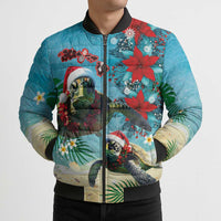 Hawaiian Mele Kalikimaka Bomber Puffer Jacket Tropical Xmas Turtles Red Poinsettia Watercolor - Polynesian Pride