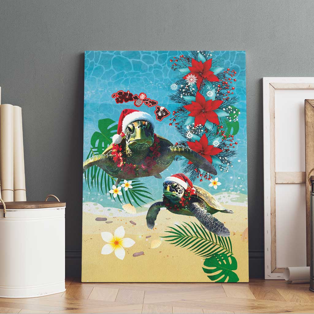 Hawaiian Mele Kalikimaka Canvas Wall Art Tropical Xmas Turtles Red Poinsettia Watercolor - Polynesian Pride