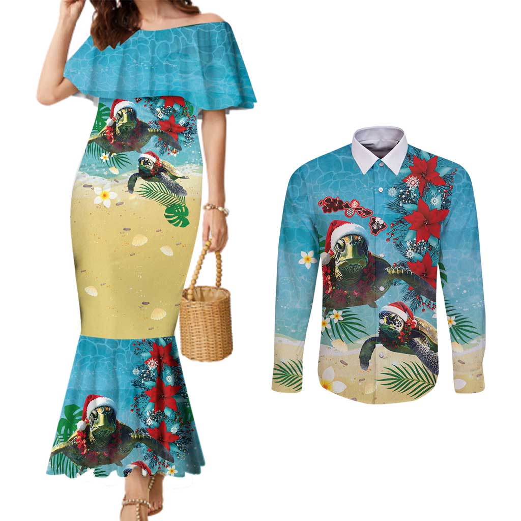 Hawaiian Mele Kalikimaka Couples Matching Mermaid Dress and Long Sleeve Button Shirt Tropical Xmas Turtles Red Poinsettia Watercolor - Polynesian Pride