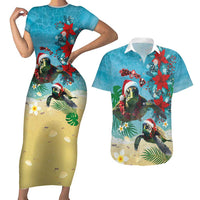 Hawaiian Mele Kalikimaka Couples Matching Short Sleeve Bodycon Dress and Hawaiian Shirt Tropical Xmas Turtles Red Poinsettia Watercolor - Polynesian Pride