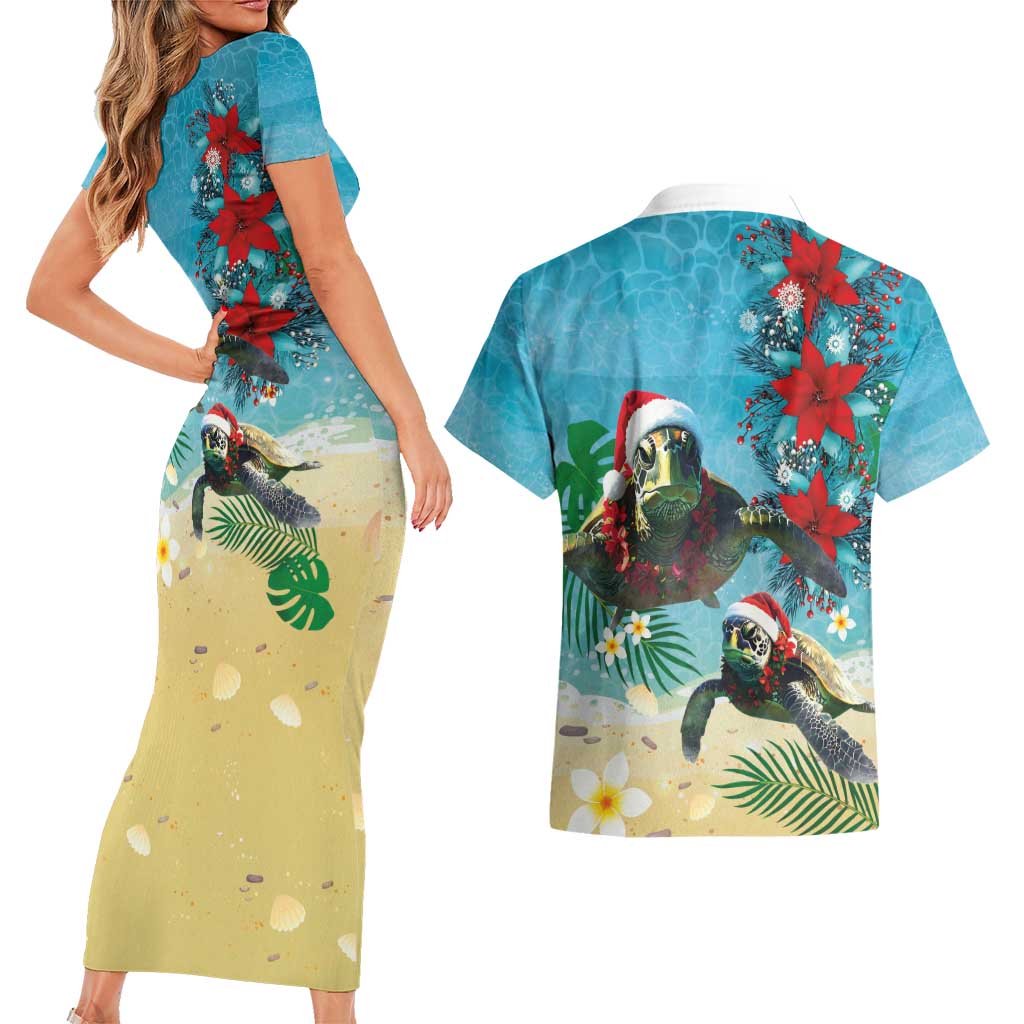 Hawaiian Mele Kalikimaka Couples Matching Short Sleeve Bodycon Dress and Hawaiian Shirt Tropical Xmas Turtles Red Poinsettia Watercolor - Polynesian Pride