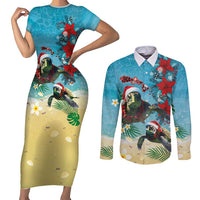 Hawaiian Mele Kalikimaka Couples Matching Short Sleeve Bodycon Dress and Long Sleeve Button Shirt Tropical Xmas Turtles Red Poinsettia Watercolor - Polynesian Pride