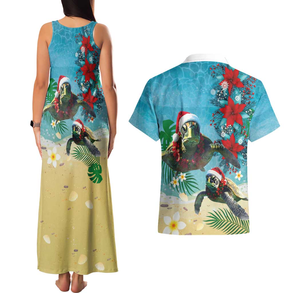 Hawaiian Mele Kalikimaka Couples Matching Tank Maxi Dress and Hawaiian Shirt Tropical Xmas Turtles Red Poinsettia Watercolor - Polynesian Pride