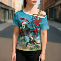 Hawaiian Mele Kalikimaka Cross Shoulder Shirt Tropical Xmas Turtles Red Poinsettia Watercolor - Polynesian Pride