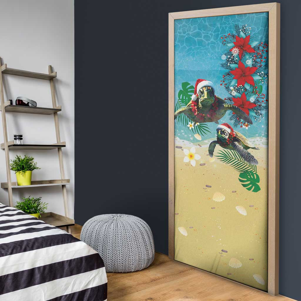 Hawaiian Mele Kalikimaka Door Cover Tropical Xmas Turtles Red Poinsettia Watercolor - Polynesian Pride