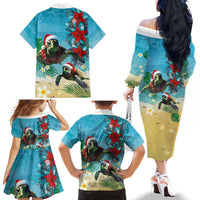 Hawaiian Mele Kalikimaka Family Matching Off The Shoulder Long Sleeve Dress and Hawaiian Shirt Tropical Xmas Turtles Red Poinsettia Watercolor - Polynesian Pride