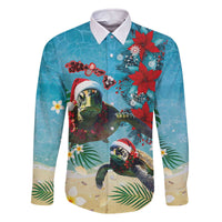 Hawaiian Mele Kalikimaka Family Matching Off The Shoulder Long Sleeve Dress and Hawaiian Shirt Tropical Xmas Turtles Red Poinsettia Watercolor - Polynesian Pride