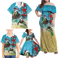 Hawaiian Mele Kalikimaka Family Matching Off Shoulder Maxi Dress and Hawaiian Shirt Tropical Xmas Turtles Red Poinsettia Watercolor - Polynesian Pride
