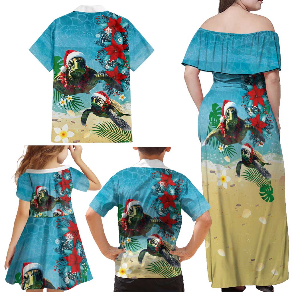 Hawaiian Mele Kalikimaka Family Matching Off Shoulder Maxi Dress and Hawaiian Shirt Tropical Xmas Turtles Red Poinsettia Watercolor - Polynesian Pride