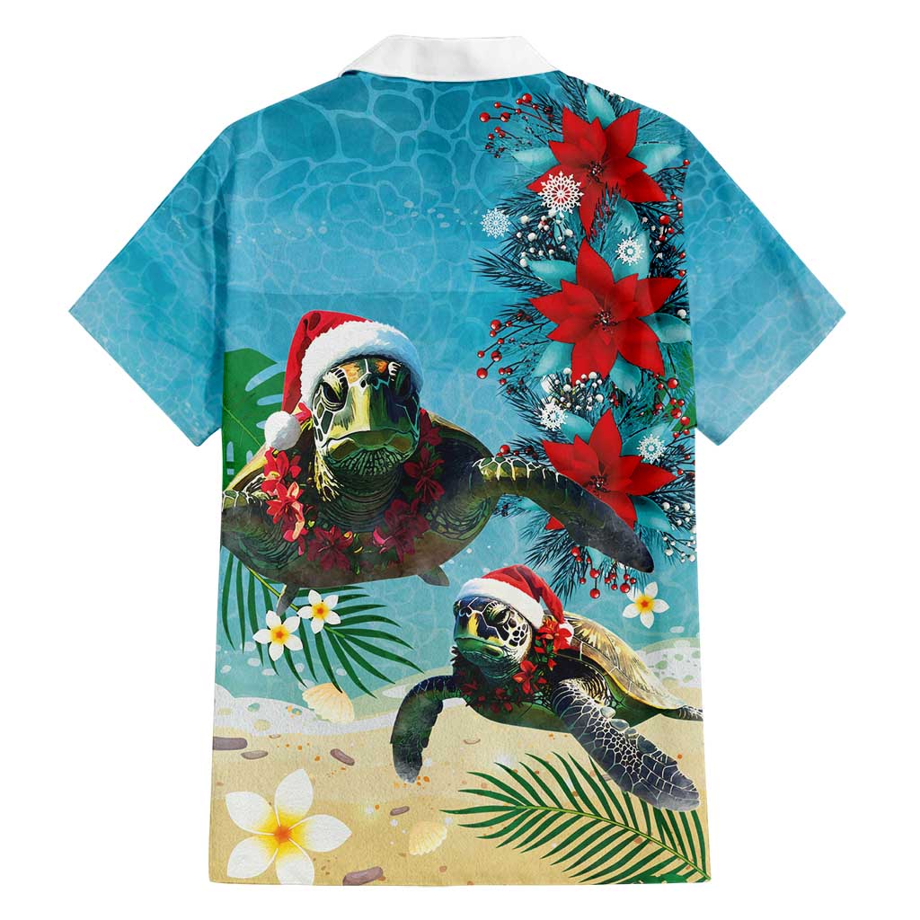 Hawaiian Mele Kalikimaka Family Matching Off Shoulder Short Dress and Hawaiian Shirt Tropical Xmas Turtles Red Poinsettia Watercolor - Polynesian Pride