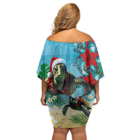 Hawaiian Mele Kalikimaka Family Matching Off Shoulder Short Dress and Hawaiian Shirt Tropical Xmas Turtles Red Poinsettia Watercolor - Polynesian Pride