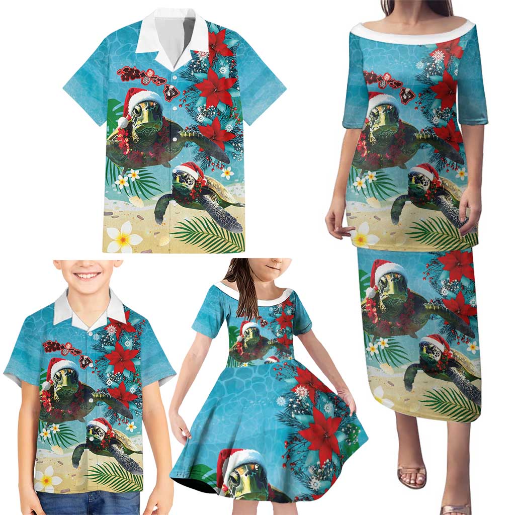 Hawaiian Mele Kalikimaka Family Matching Puletasi and Hawaiian Shirt Tropical Xmas Turtles Red Poinsettia Watercolor - Polynesian Pride