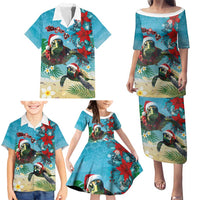 Hawaiian Mele Kalikimaka Family Matching Puletasi and Hawaiian Shirt Tropical Xmas Turtles Red Poinsettia Watercolor - Polynesian Pride