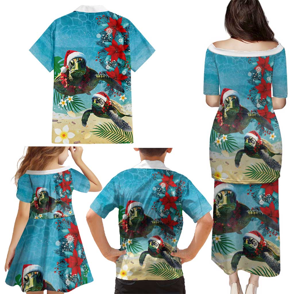 Hawaiian Mele Kalikimaka Family Matching Puletasi and Hawaiian Shirt Tropical Xmas Turtles Red Poinsettia Watercolor - Polynesian Pride