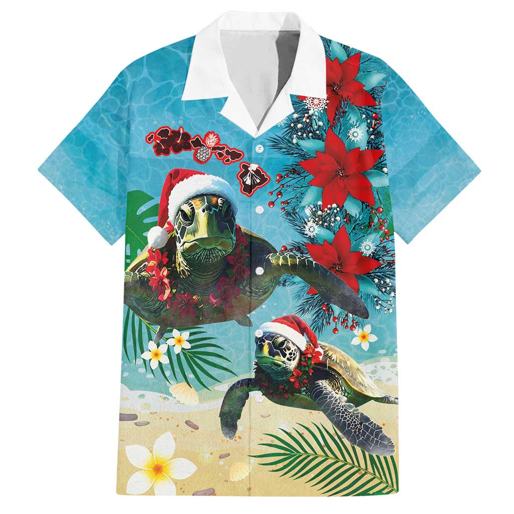 Hawaiian Mele Kalikimaka Family Matching Puletasi and Hawaiian Shirt Tropical Xmas Turtles Red Poinsettia Watercolor - Polynesian Pride