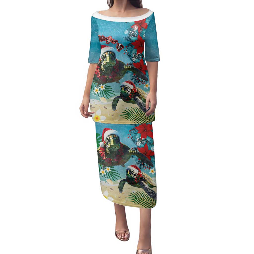 Hawaiian Mele Kalikimaka Family Matching Puletasi and Hawaiian Shirt Tropical Xmas Turtles Red Poinsettia Watercolor - Polynesian Pride