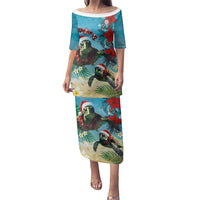 Hawaiian Mele Kalikimaka Family Matching Puletasi and Hawaiian Shirt Tropical Xmas Turtles Red Poinsettia Watercolor - Polynesian Pride