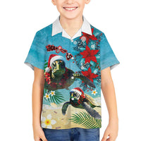 Hawaiian Mele Kalikimaka Kid Hawaiian Shirt Tropical Xmas Turtles Red Poinsettia Watercolor - Polynesian Pride