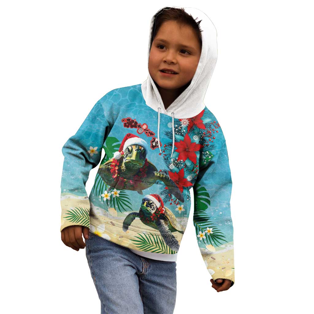 Hawaiian Mele Kalikimaka Kid Hoodie Tropical Xmas Turtles Red Poinsettia Watercolor - Polynesian Pride