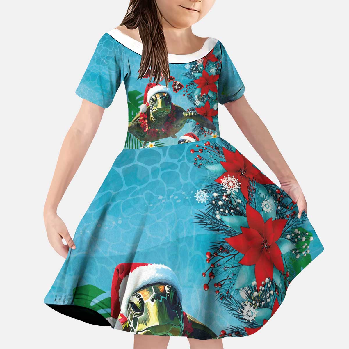 Hawaiian Mele Kalikimaka Kid Short Sleeve Dress Tropical Xmas Turtles Red Poinsettia Watercolor - Polynesian Pride