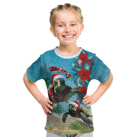 Hawaiian Mele Kalikimaka Kid T Shirt Tropical Xmas Turtles Red Poinsettia Watercolor - Polynesian Pride