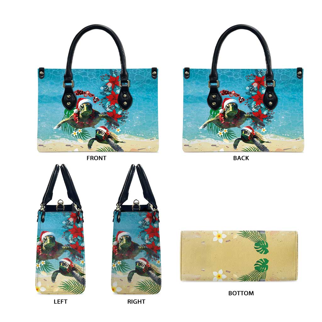 Hawaiian Mele Kalikimaka Leather Bag Tropical Xmas Turtles Red Poinsettia Watercolor - Polynesian Pride