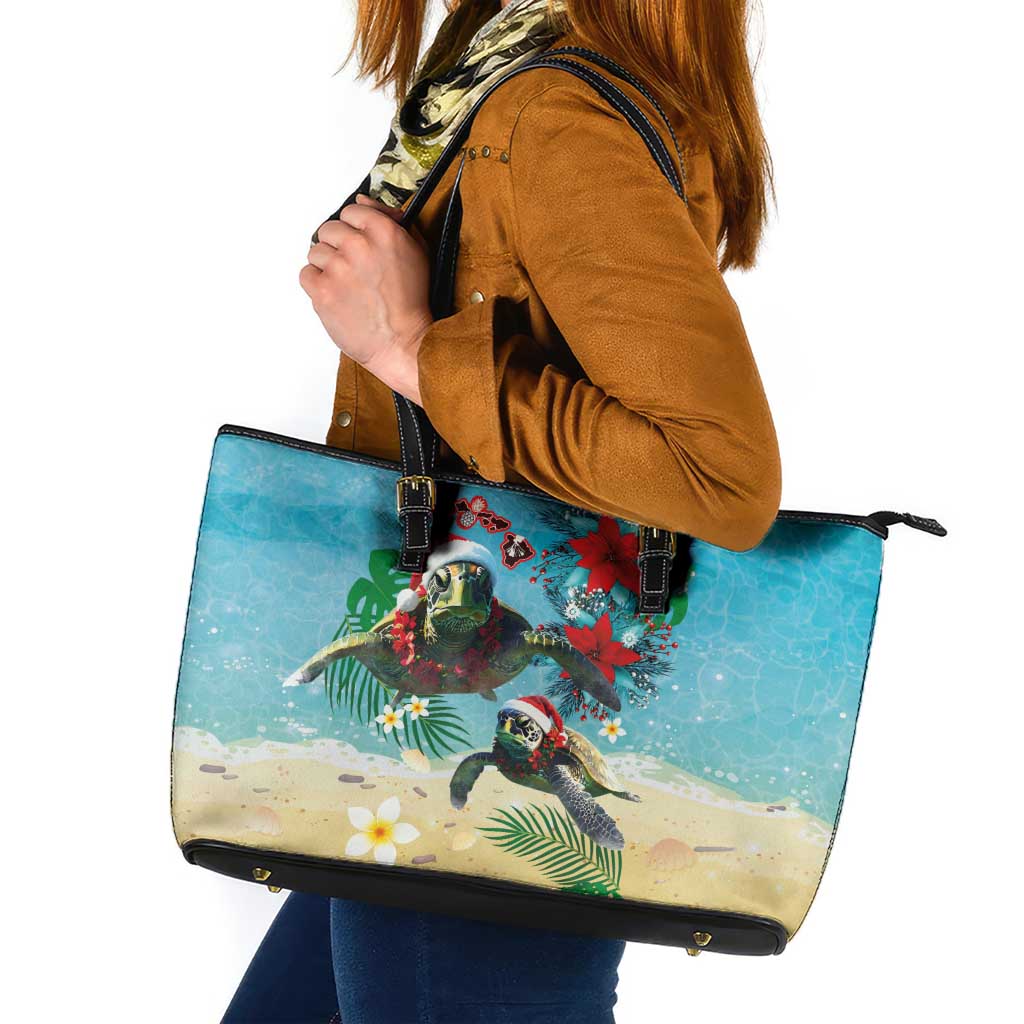 Hawaiian Mele Kalikimaka Leather Tote Bag Tropical Xmas Turtles Red Poinsettia Watercolor - Polynesian Pride