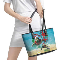 Hawaiian Mele Kalikimaka Leather Tote Bag Tropical Xmas Turtles Red Poinsettia Watercolor - Polynesian Pride