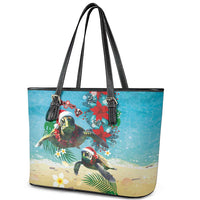 Hawaiian Mele Kalikimaka Leather Tote Bag Tropical Xmas Turtles Red Poinsettia Watercolor - Polynesian Pride
