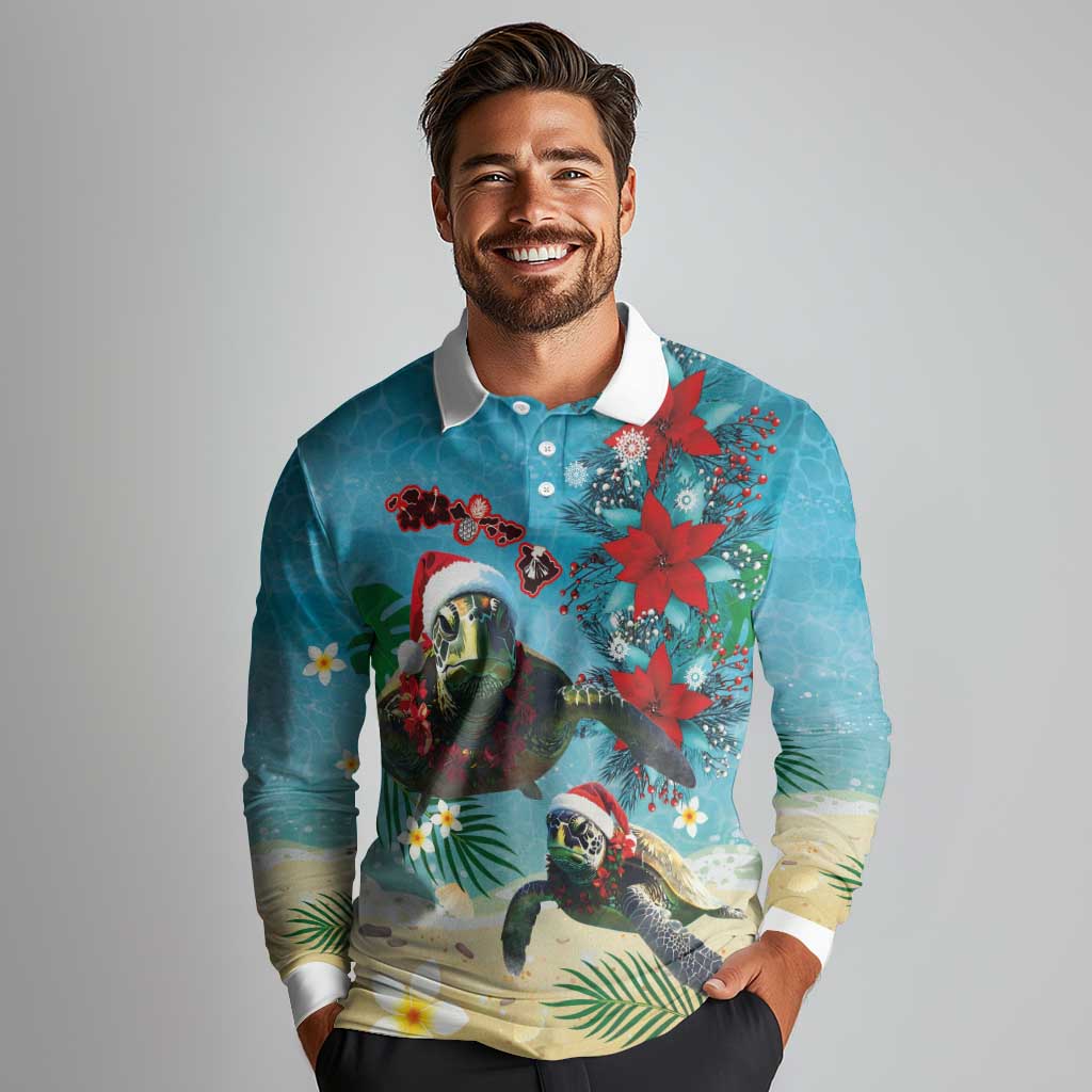 Hawaiian Mele Kalikimaka Long Sleeve Polo Shirt Tropical Xmas Turtles Red Poinsettia Watercolor - Polynesian Pride