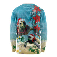 Hawaiian Mele Kalikimaka Long Sleeve Shirt Tropical Xmas Turtles Red Poinsettia Watercolor - Polynesian Pride