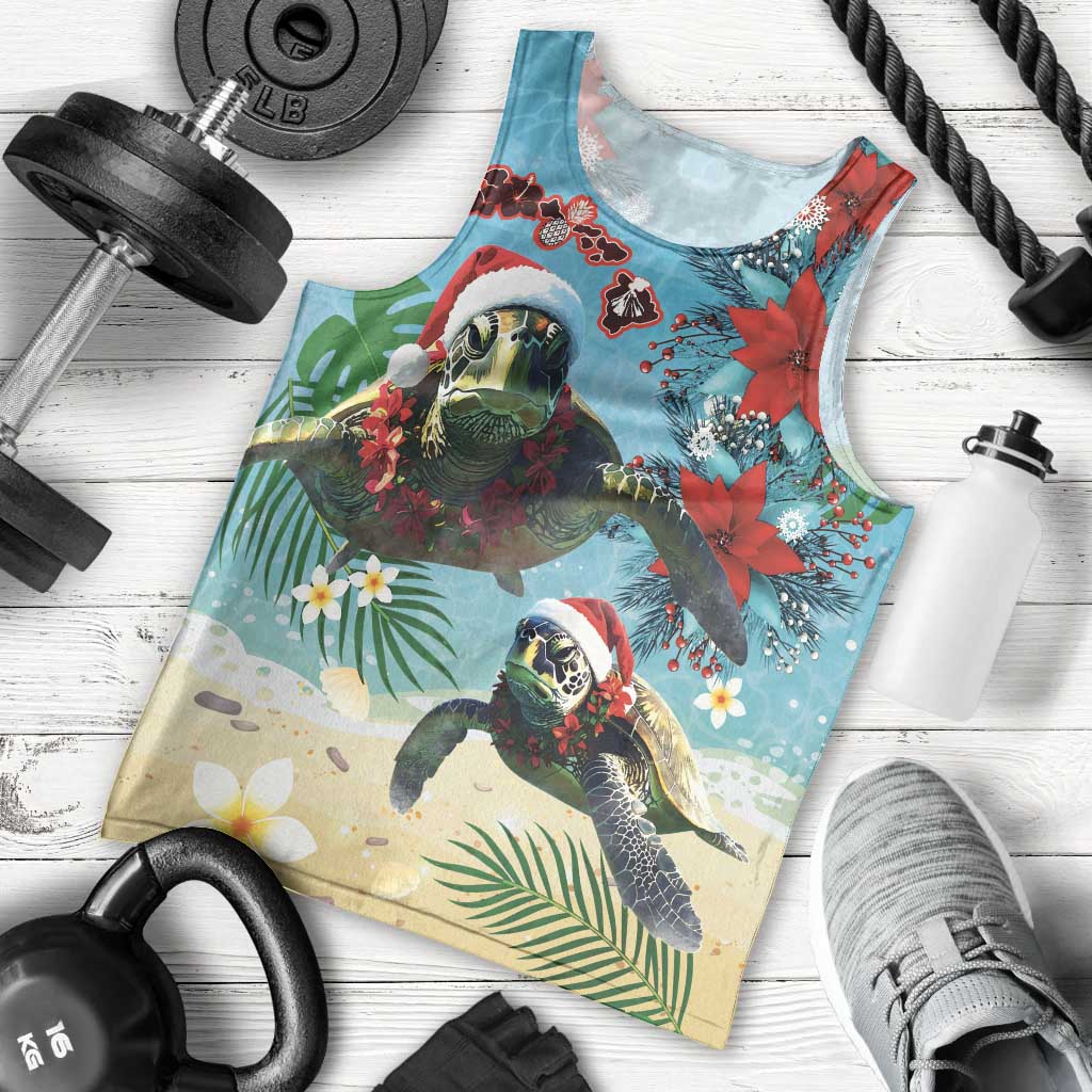 Hawaiian Mele Kalikimaka Men Tank Top Tropical Xmas Turtles Red Poinsettia Watercolor - Polynesian Pride