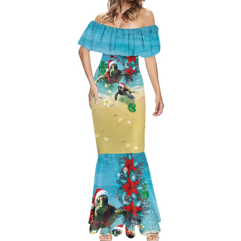 Hawaiian Mele Kalikimaka Mermaid Dress Tropical Xmas Turtles Red Poinsettia Watercolor - Polynesian Pride