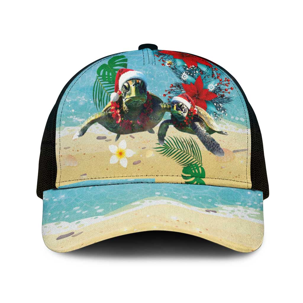 Hawaiian Mele Kalikimaka Mesh Trucker Cap Xmas Turtles and Tropical Plants with Red Poinsettia Watercolor Style - Polynesian Pride