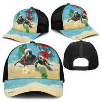 Hawaiian Mele Kalikimaka Mesh Trucker Cap Xmas Turtles and Tropical Plants with Red Poinsettia Watercolor Style - Polynesian Pride