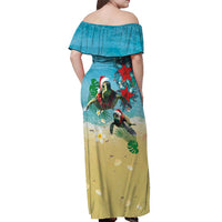 Hawaiian Mele Kalikimaka Off Shoulder Maxi Dress Tropical Xmas Turtles Red Poinsettia Watercolor - Polynesian Pride