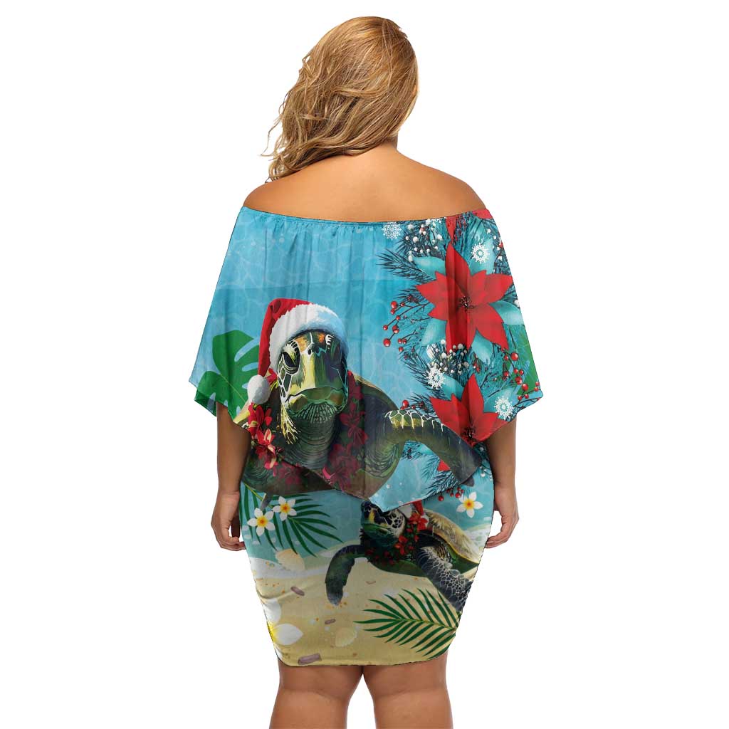 Hawaiian Mele Kalikimaka Off Shoulder Short Dress Tropical Xmas Turtles Red Poinsettia Watercolor - Polynesian Pride