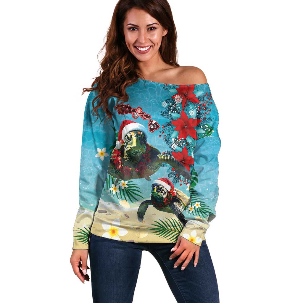 Hawaiian Mele Kalikimaka Off Shoulder Sweater Tropical Xmas Turtles Red Poinsettia Watercolor - Polynesian Pride
