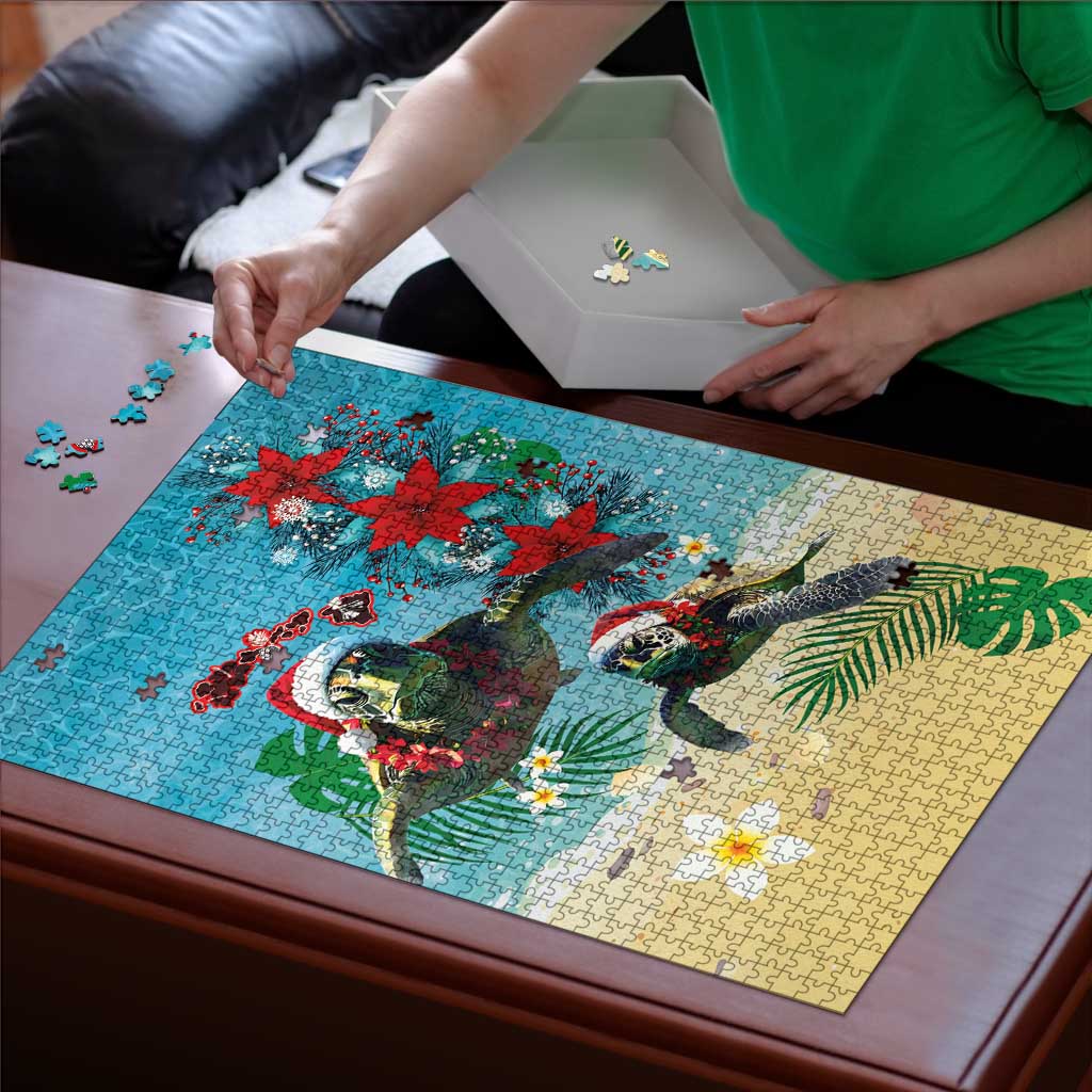 Hawaiian Mele Kalikimaka Puzzle Tropical Xmas Turtles Red Poinsettia Watercolor - Polynesian Pride
