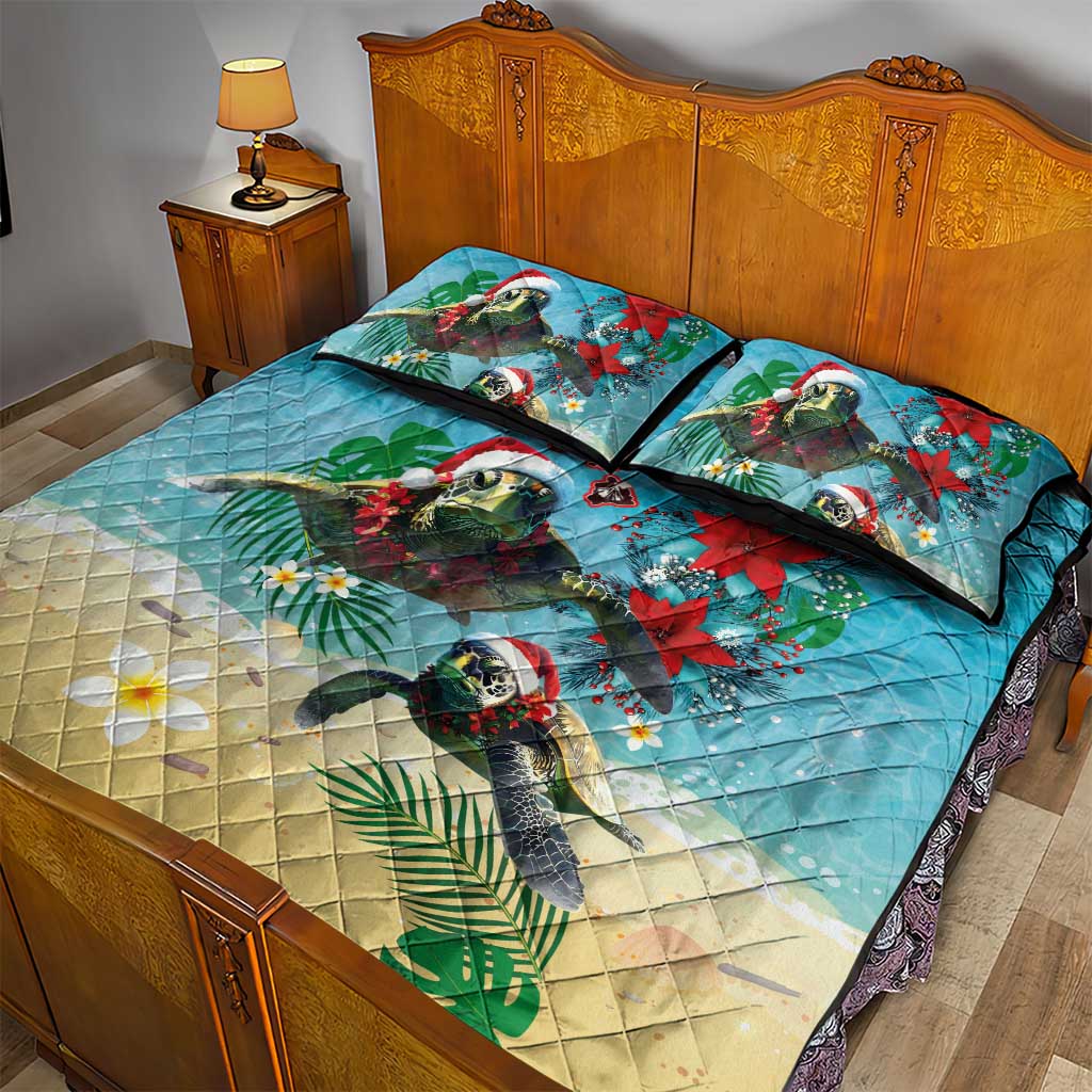 Hawaiian Mele Kalikimaka Quilt Bed Set Tropical Xmas Turtles Red Poinsettia Watercolor - Polynesian Pride