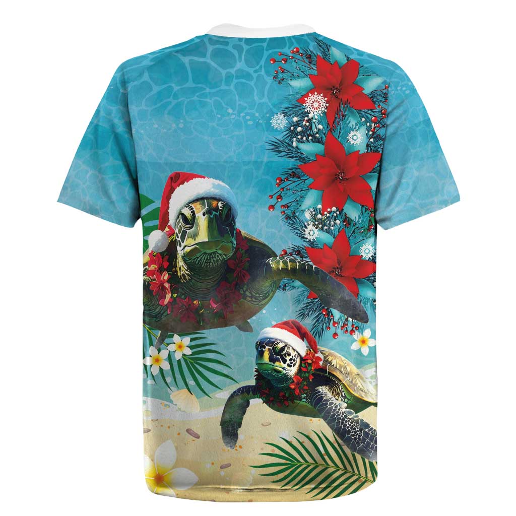 Hawaiian Mele Kalikimaka Rugby Jersey Tropical Xmas Turtles Red Poinsettia Watercolor - Polynesian Pride