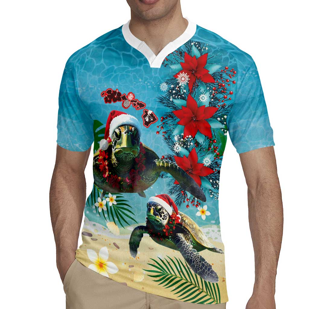 Hawaiian Mele Kalikimaka Rugby Jersey Tropical Xmas Turtles Red Poinsettia Watercolor - Polynesian Pride