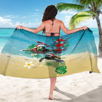 Hawaiian Mele Kalikimaka Sarong Tropical Xmas Turtles Red Poinsettia Watercolor - Polynesian Pride