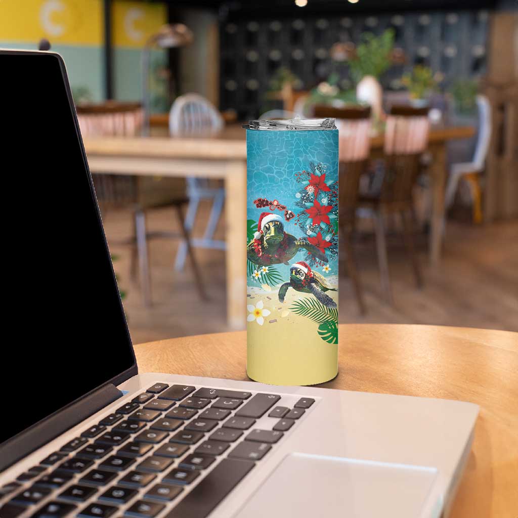 Hawaiian Mele Kalikimaka Skinny Tumbler Tropical Xmas Turtles Red Poinsettia Watercolor - Polynesian Pride