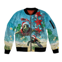 Hawaiian Mele Kalikimaka Sleeve Zip Bomber Jacket Tropical Xmas Turtles Red Poinsettia Watercolor - Polynesian Pride
