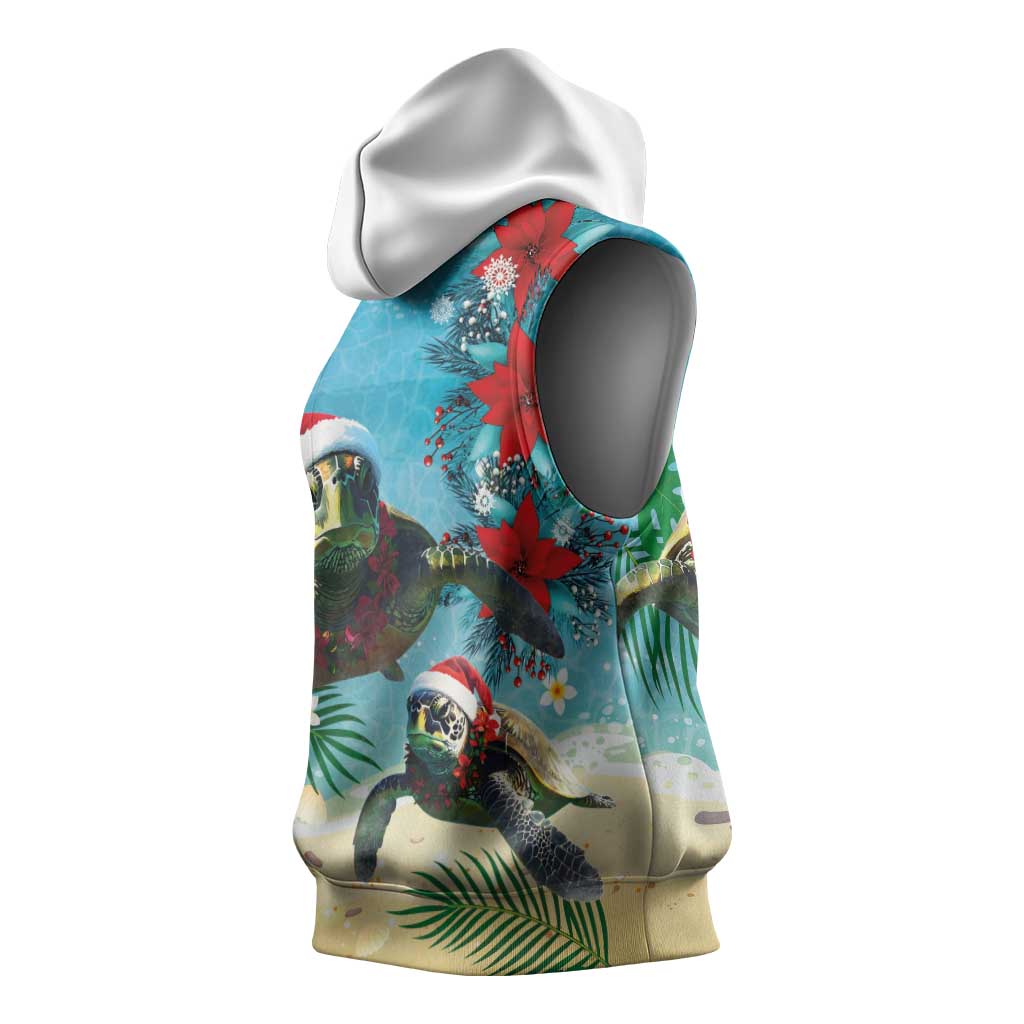 Hawaiian Mele Kalikimaka Sleeveless Hoodie Tropical Xmas Turtles Red Poinsettia Watercolor - Polynesian Pride