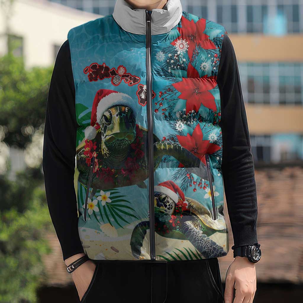 Hawaiian Mele Kalikimaka Sleeveless Puffer Jacket Tropical Xmas Turtles Red Poinsettia Watercolor - Polynesian Pride